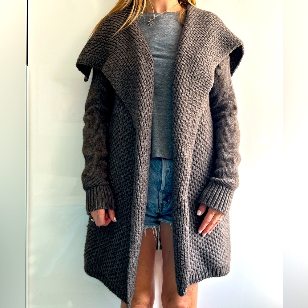 VINCE Heavyweight Open Front Long Knit Cardigan Sweater (herringbone pattern)